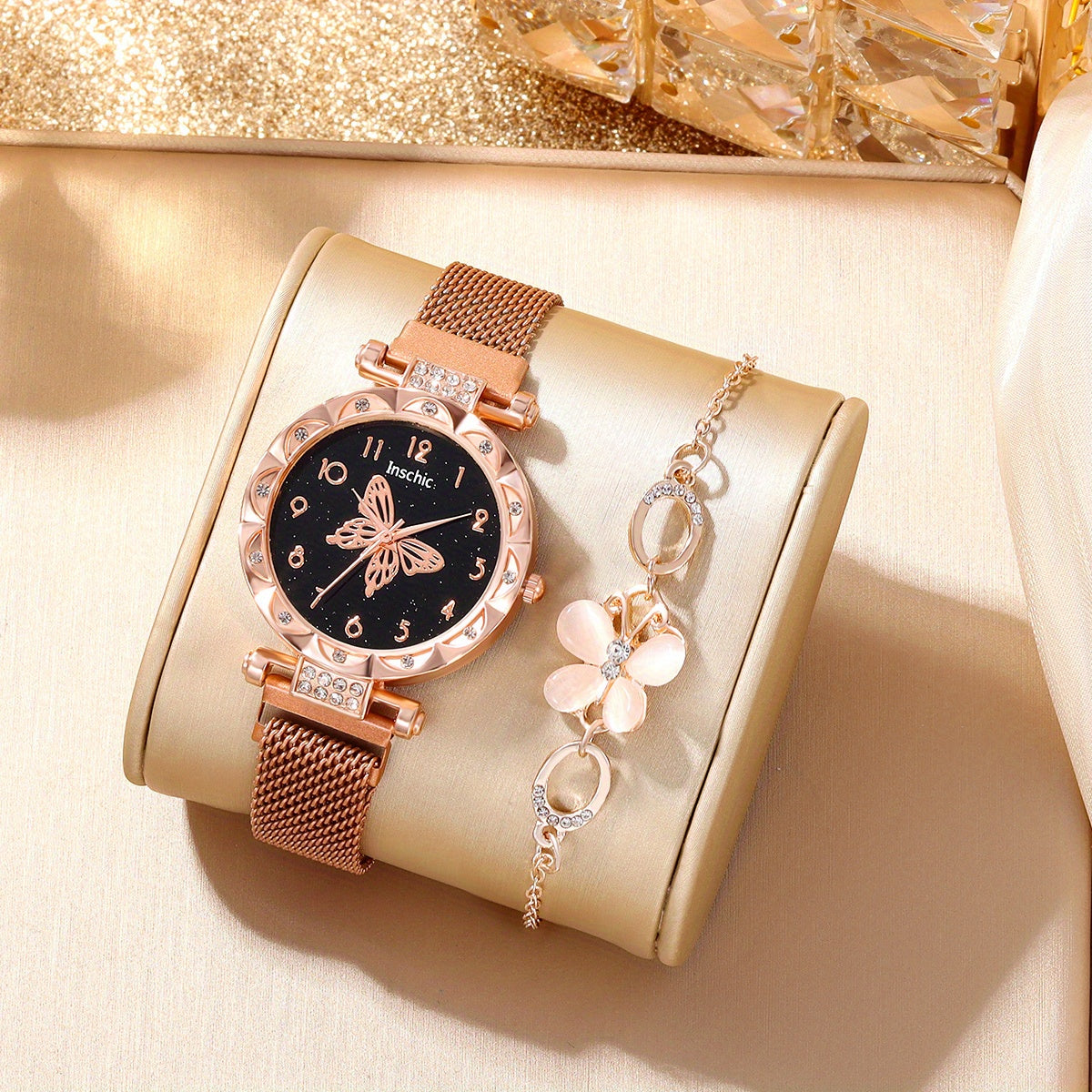 Butterfly Rhinestone Watch & Bracelet Set