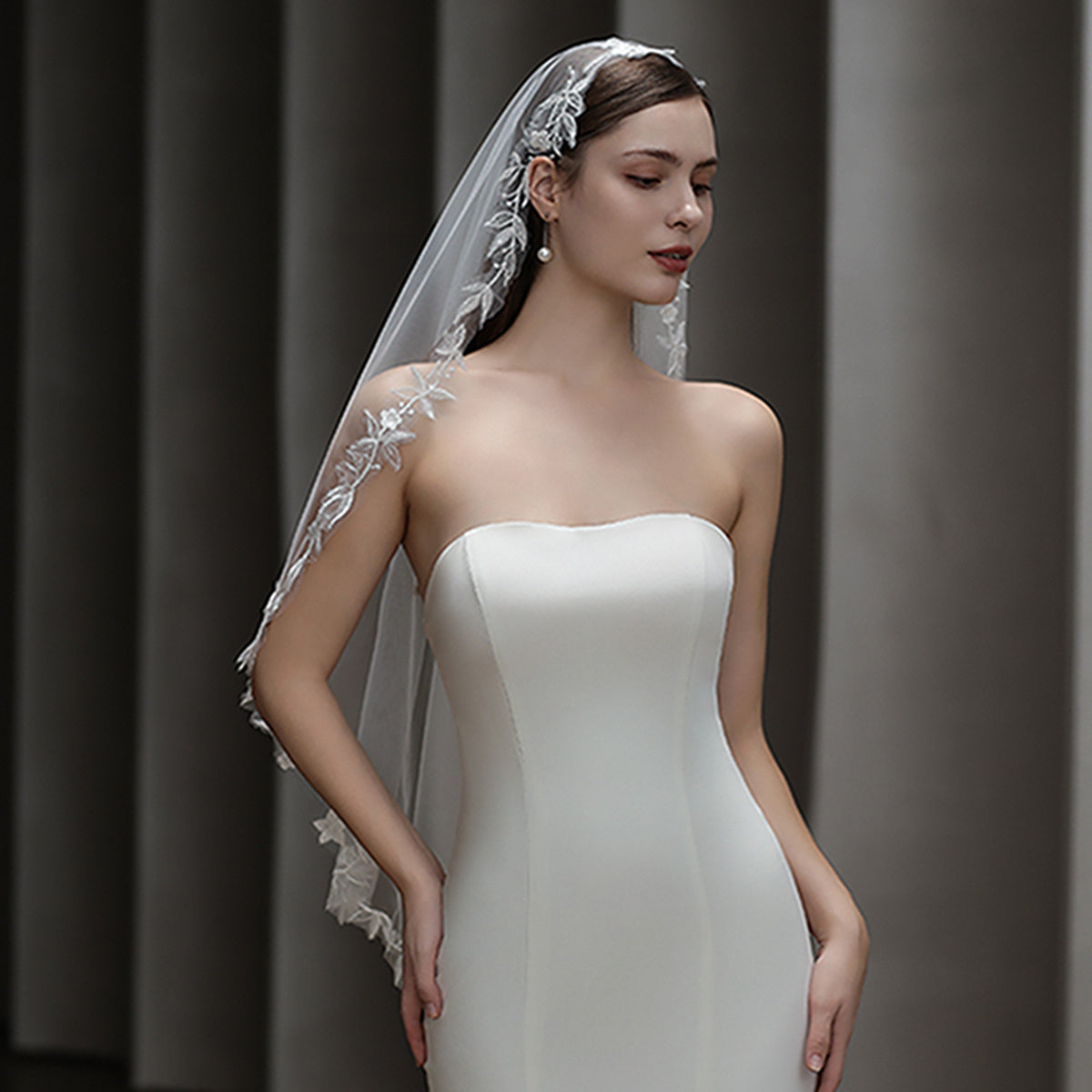 Tulle Cathedral Bridal Veil with Floral Embroidery