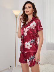 Floral Satin Pajama Set Short Sleeve Button Up Top & Shorts