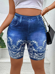 Denim Print High Waist Leggings Casual Leggings for Spring & Summer