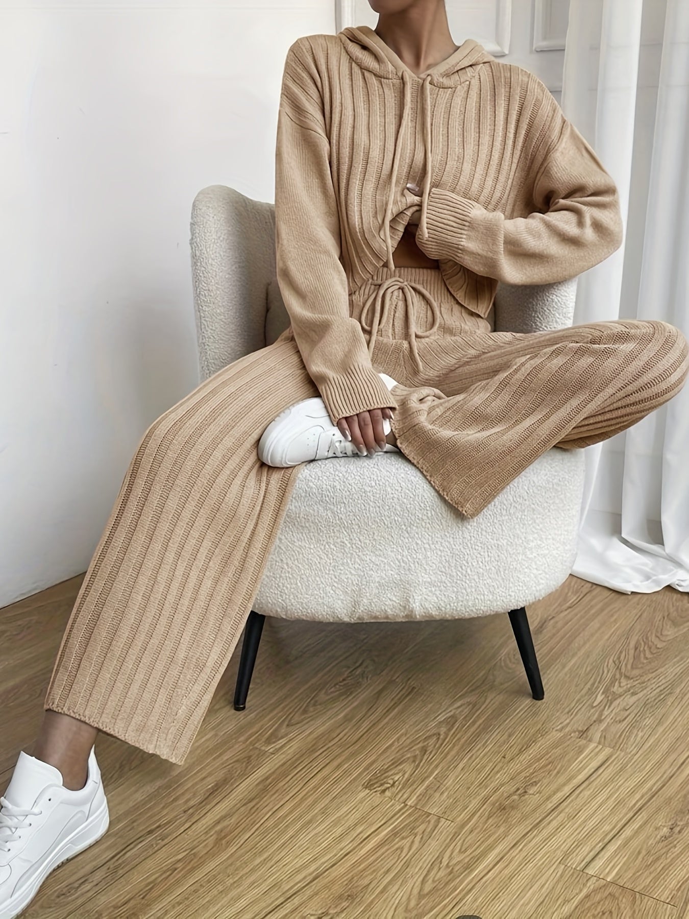 Solid Hoodie Set Stylish Drawstring Hoodie & High Waist Pants