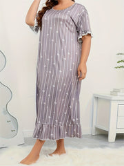 Plus Size Nightdress Women's Plus Stripe & Heart Print Short Sleeve