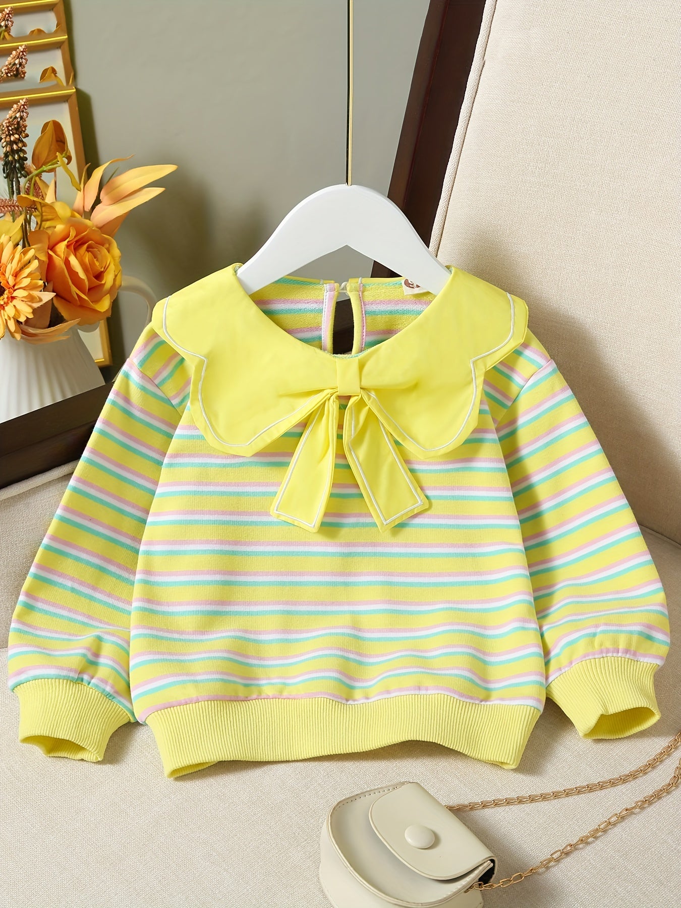 Girls' Striped Graphic Sweatshirt with Sweet Collar