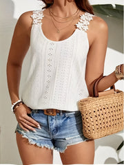 Plus Size Solid Eyelet Embroidered Lace Strap Tank Top