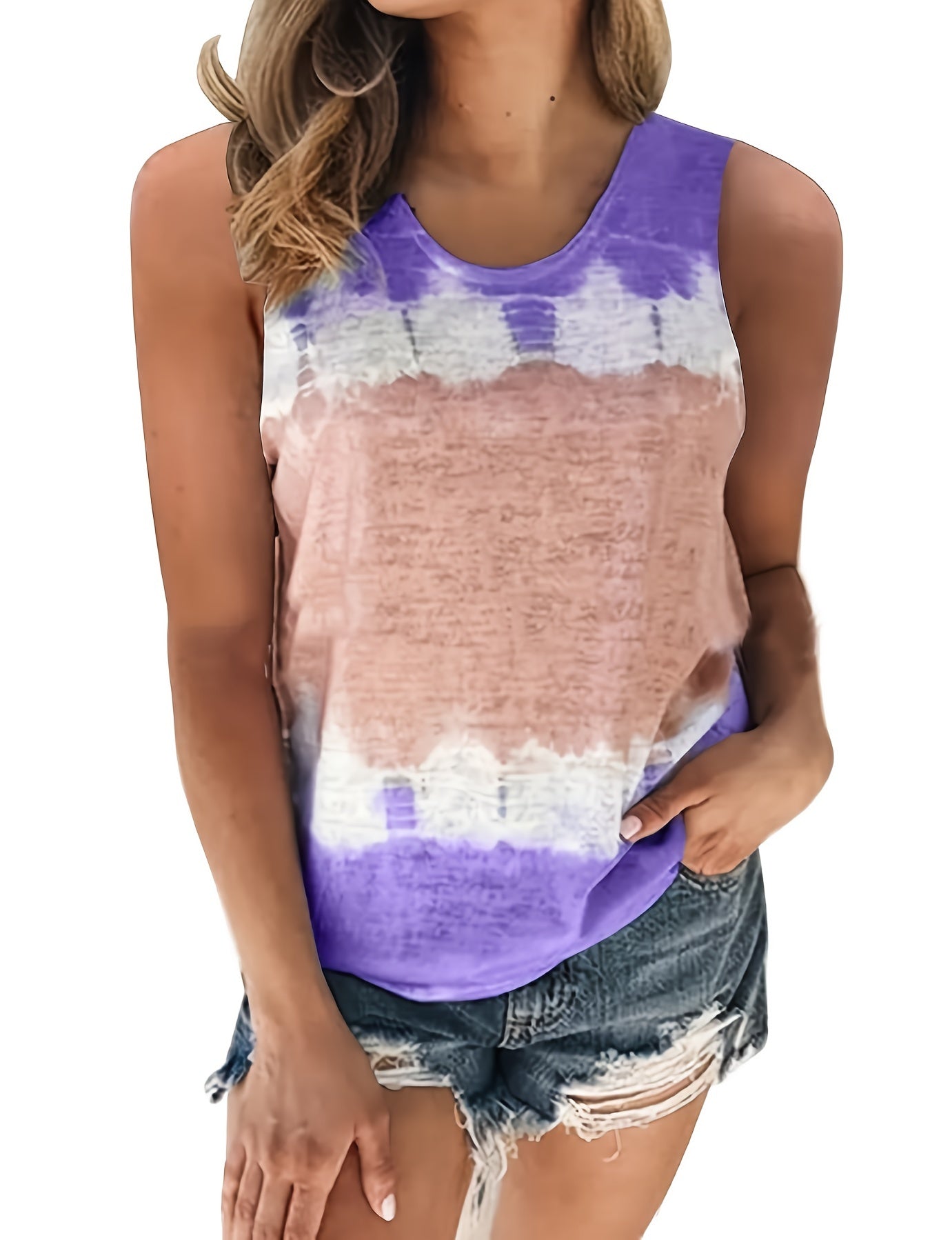 Tie Dye Tank Top Women's Round Neck Casual Stretch Tank