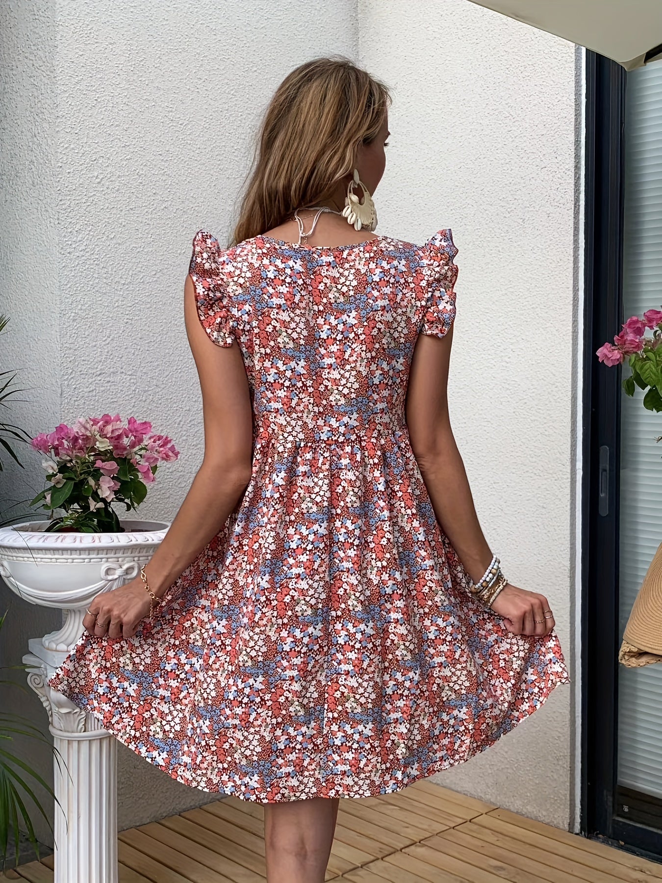 Floral Print Dress Ruffle Trim V Neck Sleeveless Boho Dress