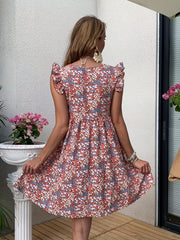 Floral Print Dress Ruffle Trim V Neck Sleeveless Boho Dress