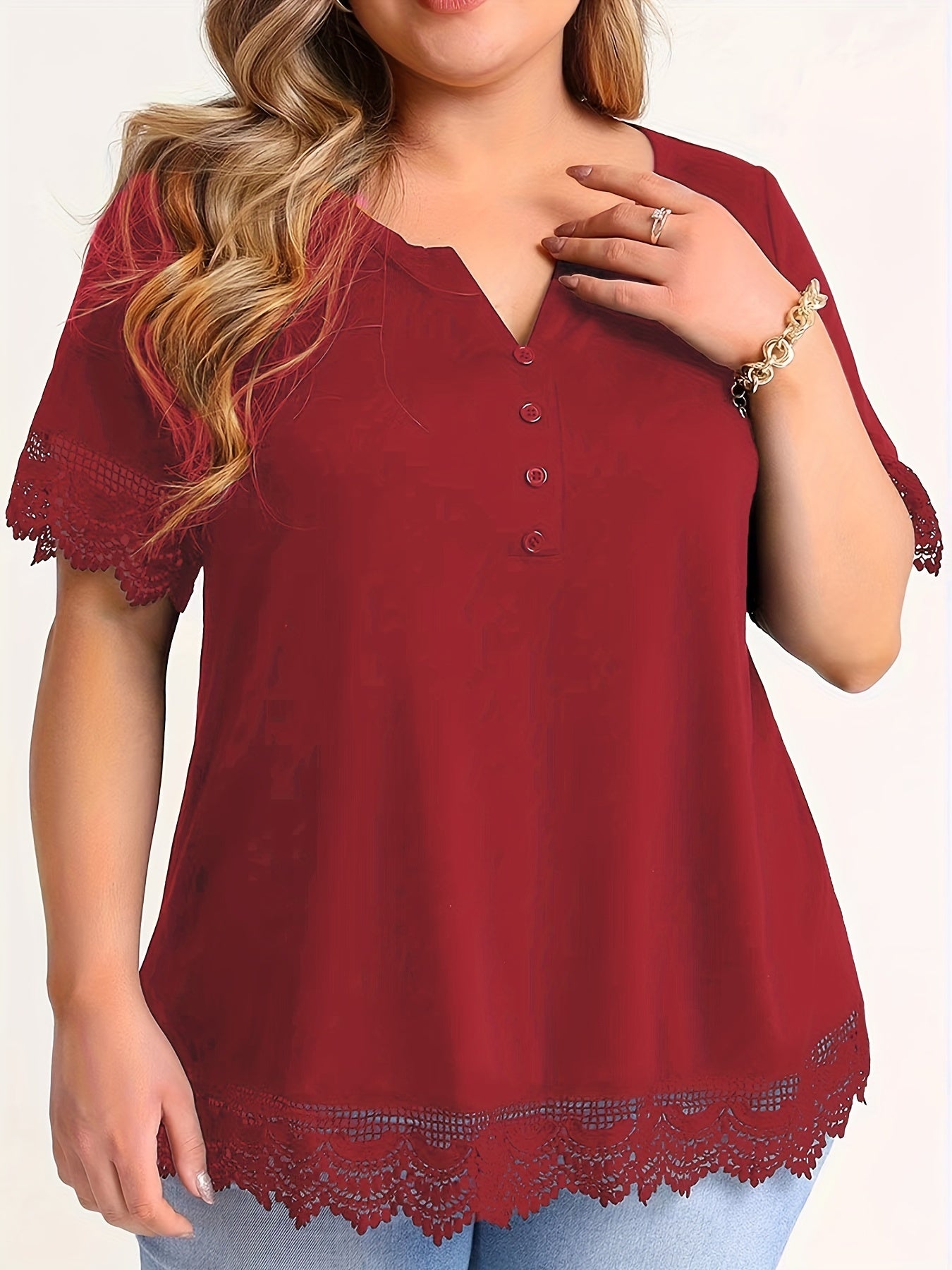 Eyelet Embroidered Plus Size Casual Top with Notched Neck