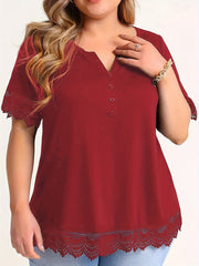 Eyelet Embroidered Plus Size Casual Top with Notched Neck