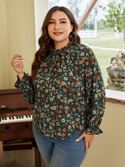 Ditsy Print Long Sleeve V Neck Keyhole Tie Top