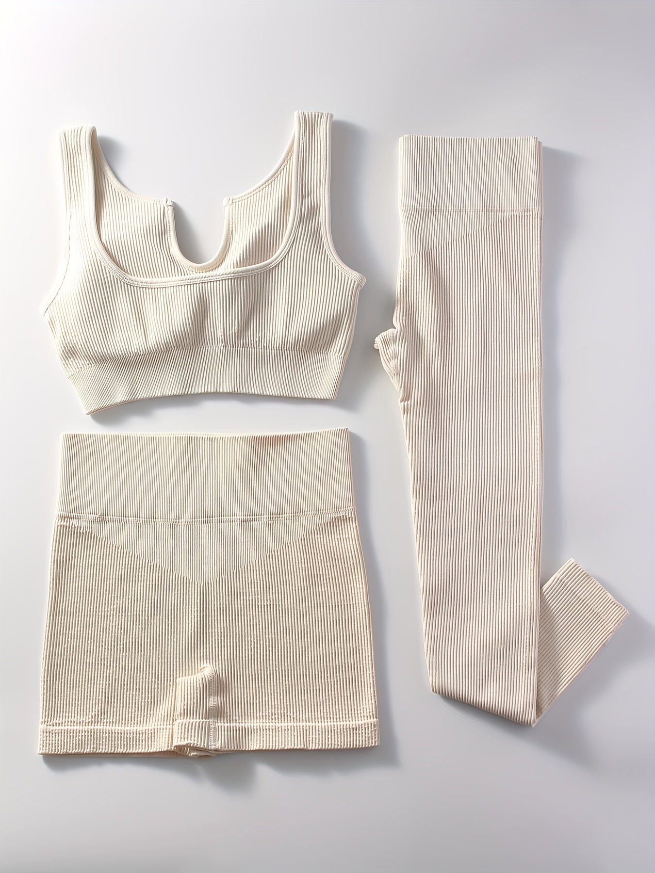 Ribbed Yoga Workout Set Sports Bra, Shorts, Leggings