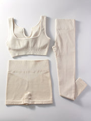 Ribbed Yoga Workout Set Sports Bra, Shorts, Leggings
