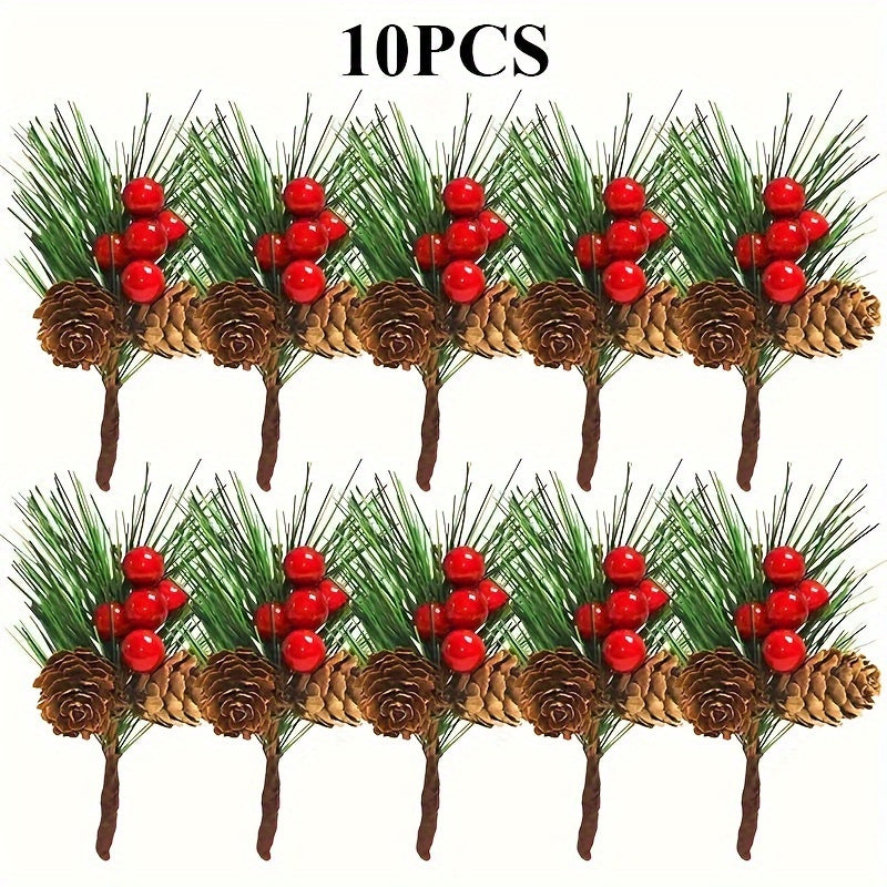 10pcs Christmas Red Berry Picks Holly Branches Pine Needle DIY Decoration