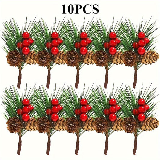 10pcs Christmas Red Berry Picks Holly Branches Pine Needle DIY Decoration