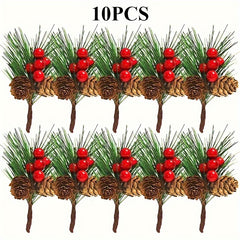 10pcs Christmas Red Berry Picks Holly Branches Pine Needle DIY Decoration