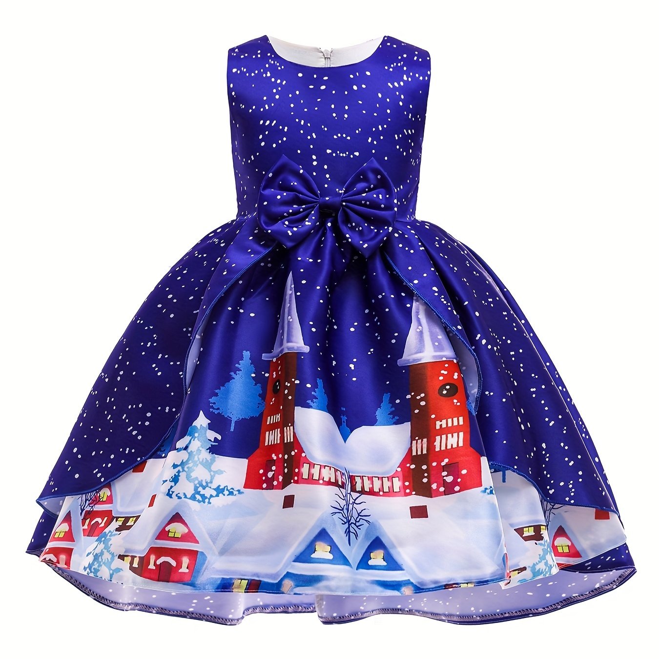 Girl's Christmas Princess Dress with Santa Print - Holiday Party Dress