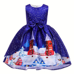 Girl's Christmas Princess Dress with Santa Print - Holiday Party Dress