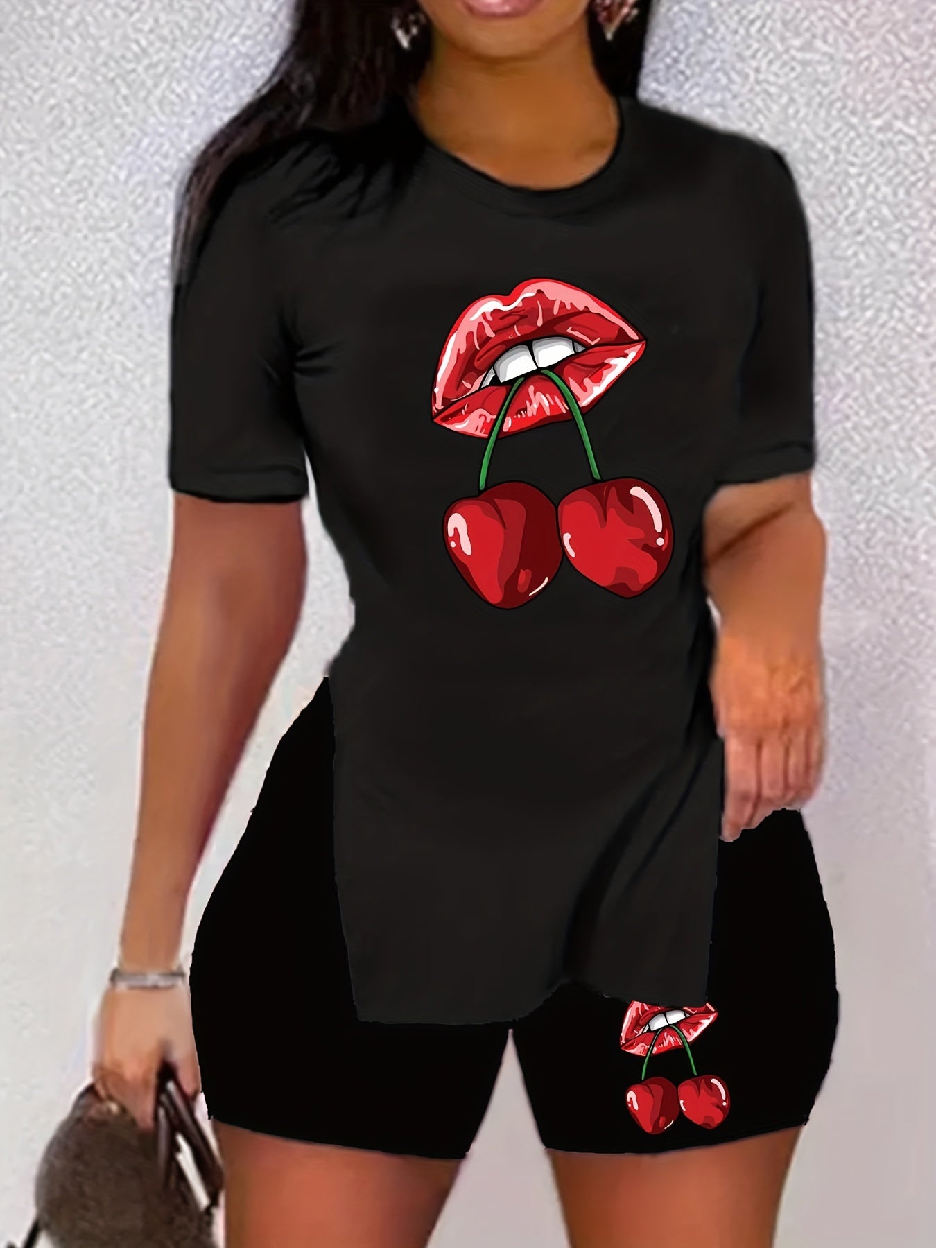 Cherry & Lip Print 2pc Set Split T shirt & Shorts