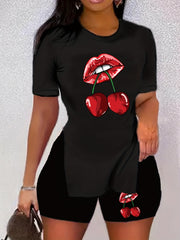 Cherry & Lip Print 2pc Set Split T shirt & Shorts