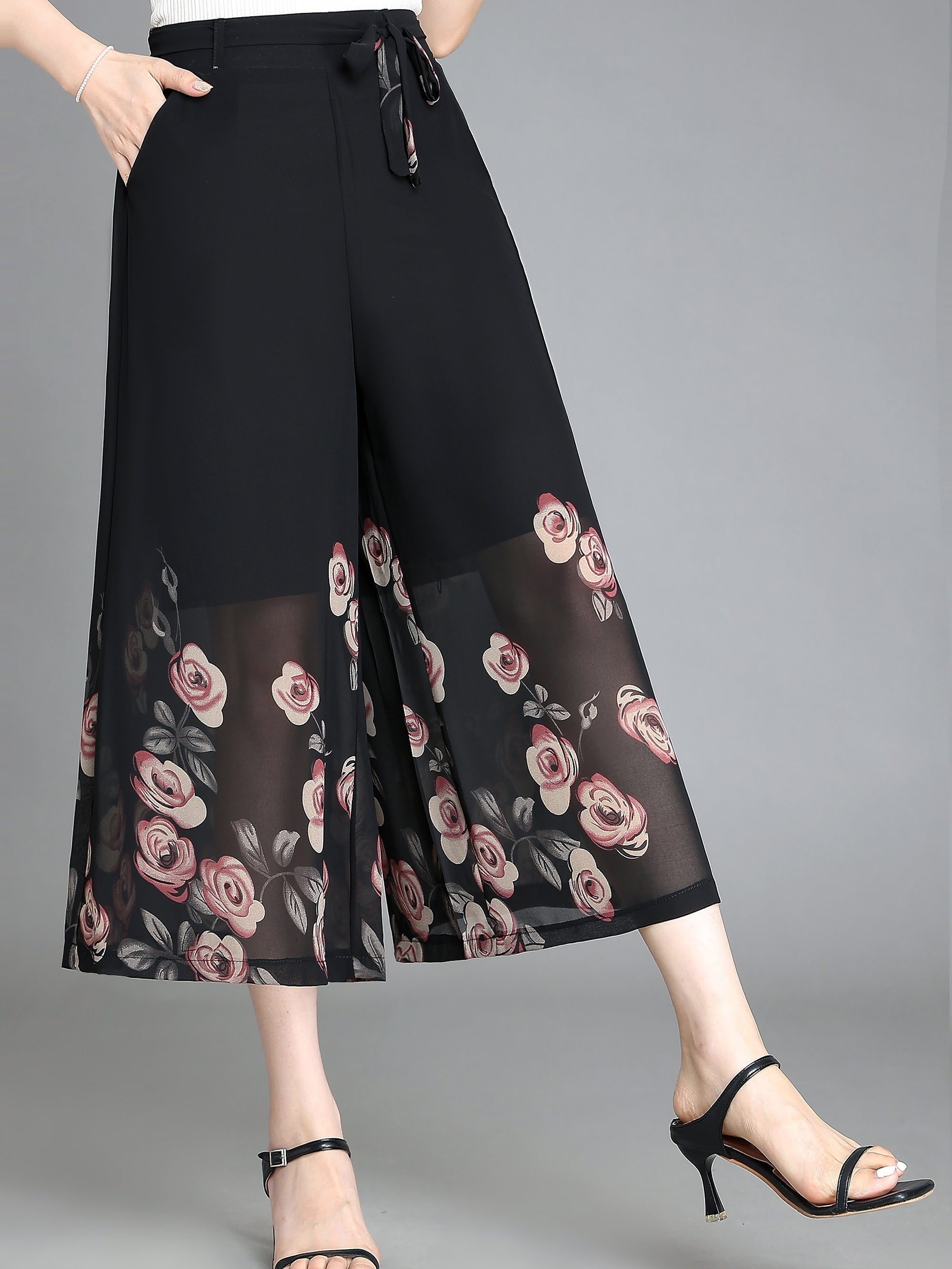 Floral Pattern Chiffon Cropped Wide Leg Pants Casual Belted Pants