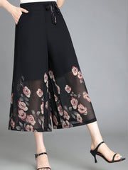 Floral Pattern Chiffon Cropped Wide Leg Pants Casual Belted Pants