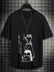 Anime Cat Print Men's Crew Neck T-shirt Casual Comfy Tees for Summer