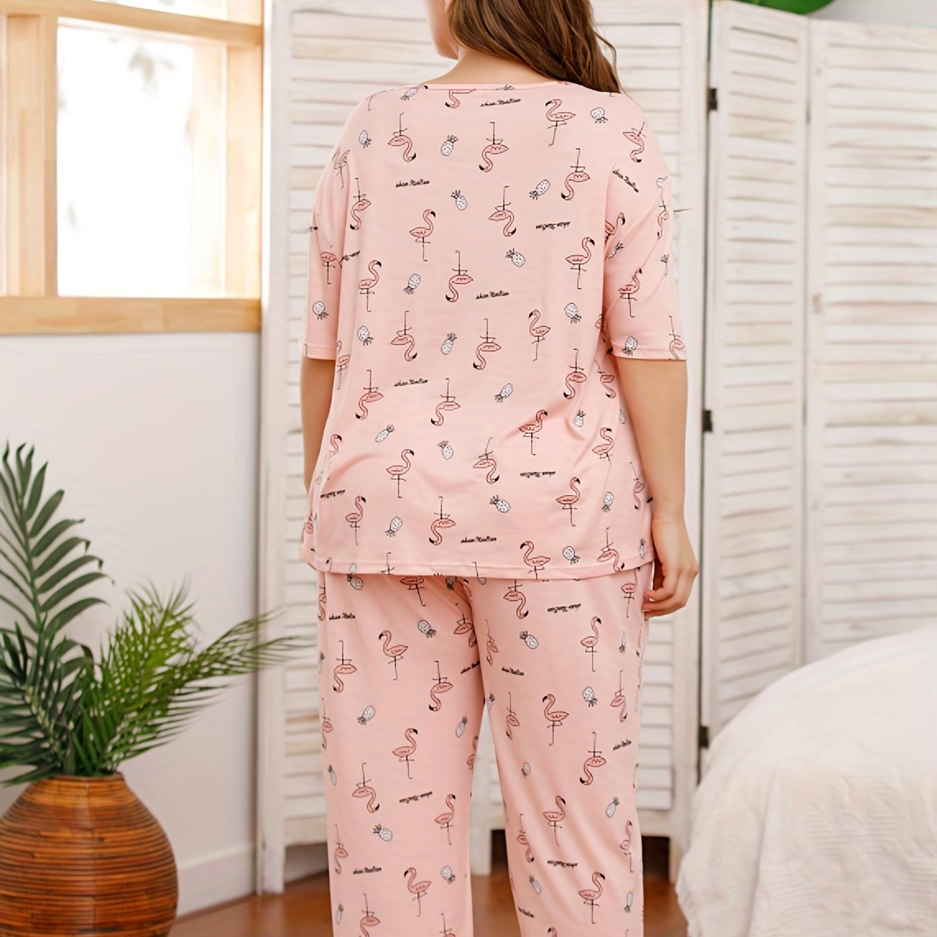 Flamingo Print Pajama Set Short Sleeve Top & Pants Two Piece Set
