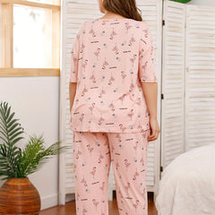 Flamingo Print Pajama Set Short Sleeve Top & Pants Two Piece Set