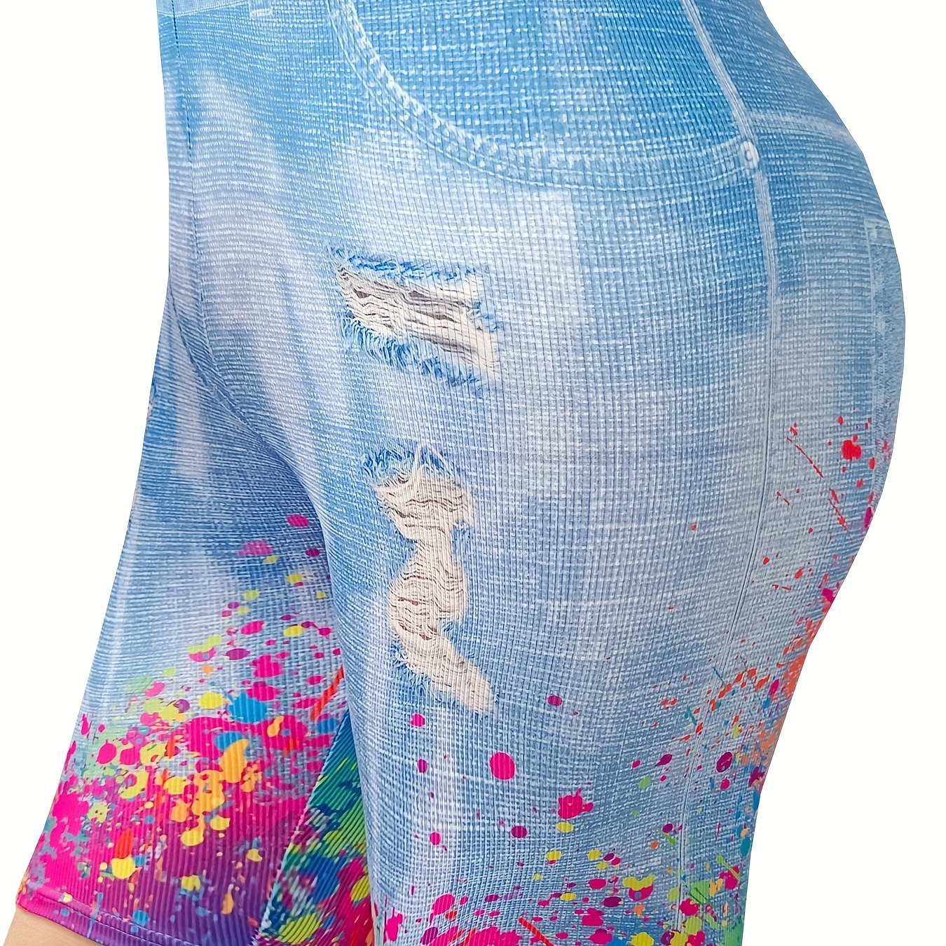 Denim & Splash Print High Rise Stretchy Skinny Shorts