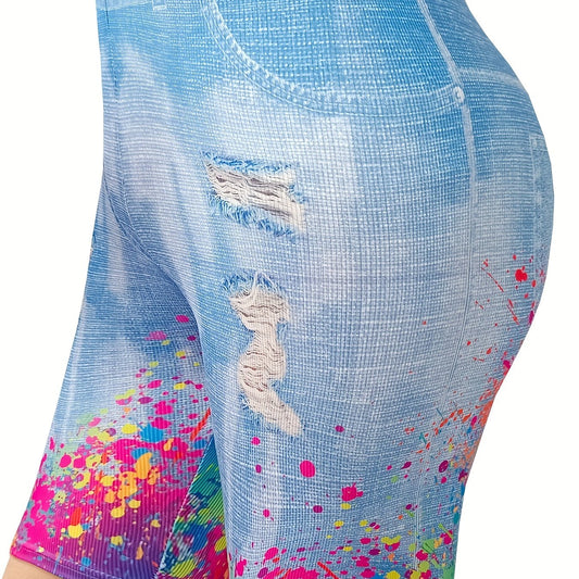 Denim & Splash Print High Rise Stretchy Skinny Shorts