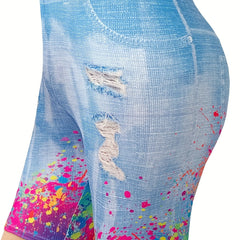 Denim & Splash Print High Rise Stretchy Skinny Shorts
