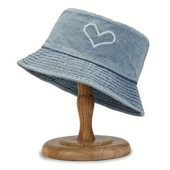 Denim Heart Embroidery Bucket Hat Distressed Couple Cap