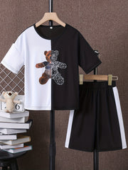Boys Bear Print Casual Outfit Round Neck T shirt & Shorts Set