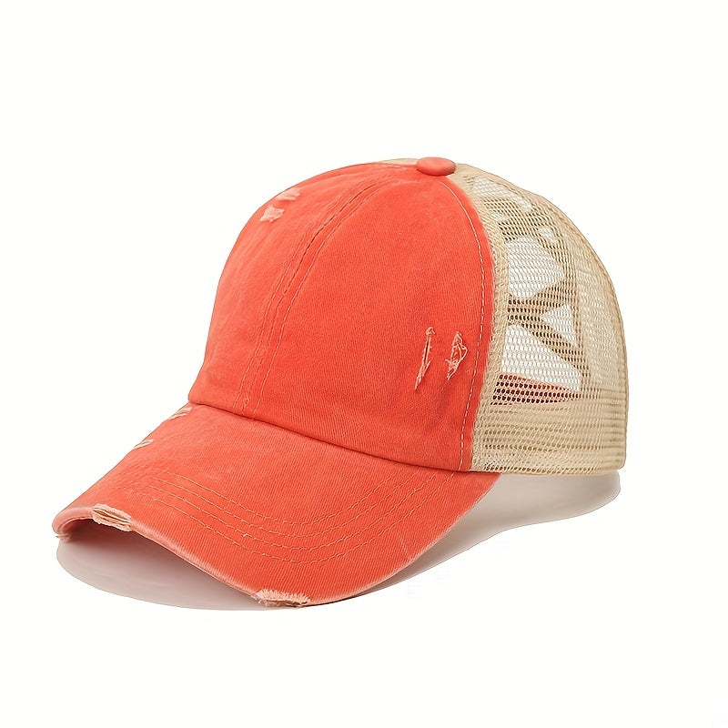 Ripped Ponytail Baseball Cap Washed Distressed Block Sun Hat