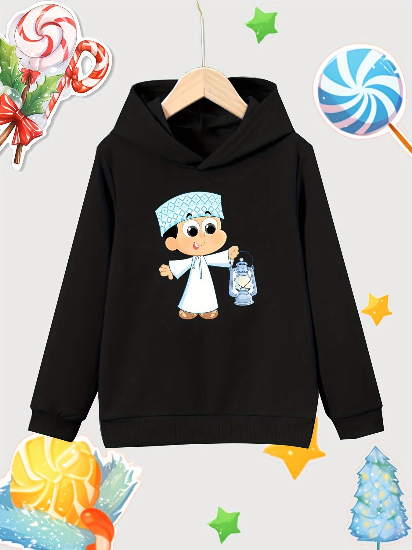 Cartoon Boy Pattern Girl's Cotton Hoodie Active Sweatshirt