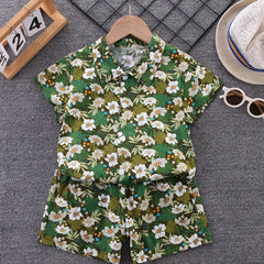 Boys Flower And Leaf Print Casual Outfit Hawaiian Style