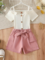 Girls' 2 Piece Outfits Ribbed Halter Neck Sleeveless Top & Shorts Set