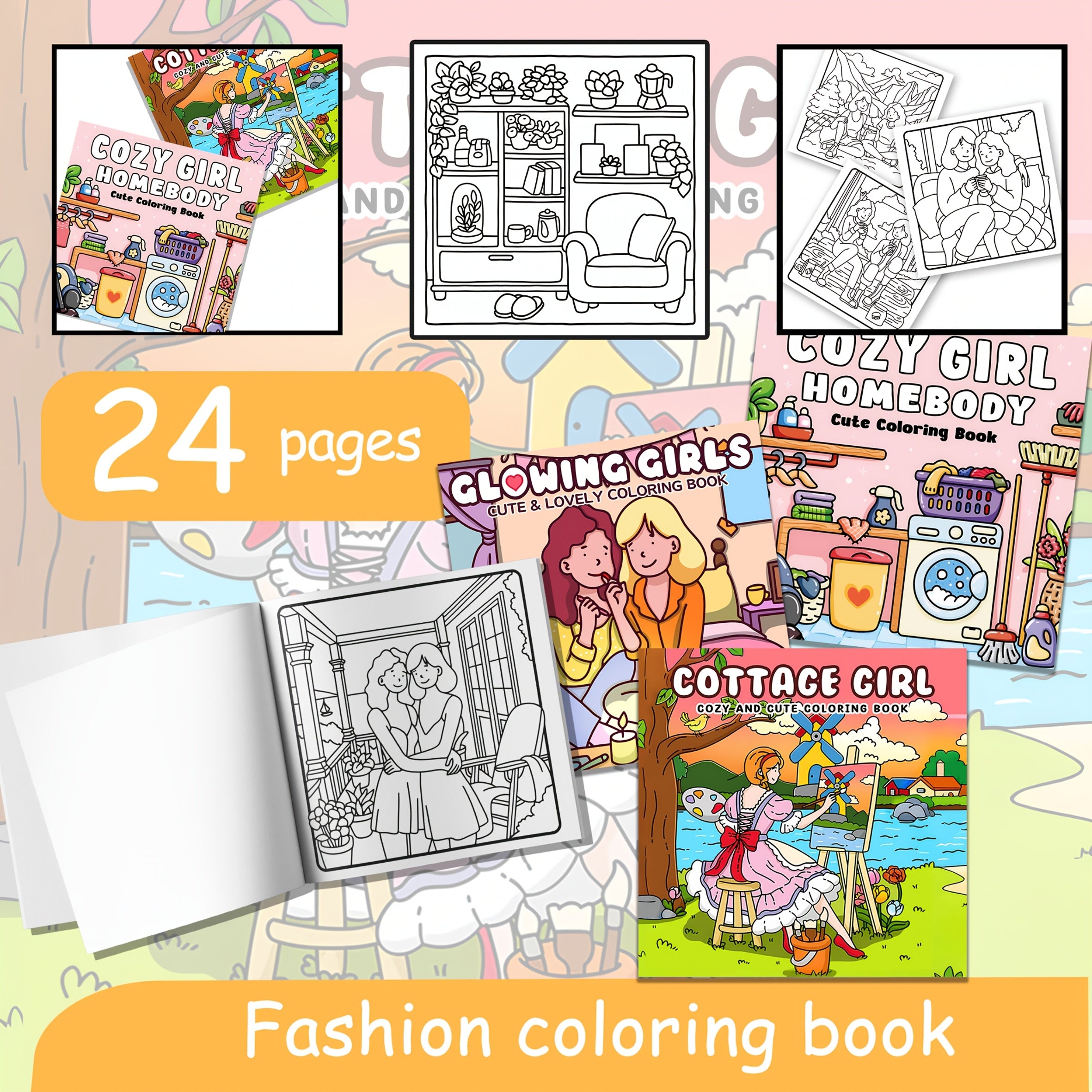 3pcs 72Pg Adult Coloring Book for Girls Warm Home Girl Glowing Comfortable