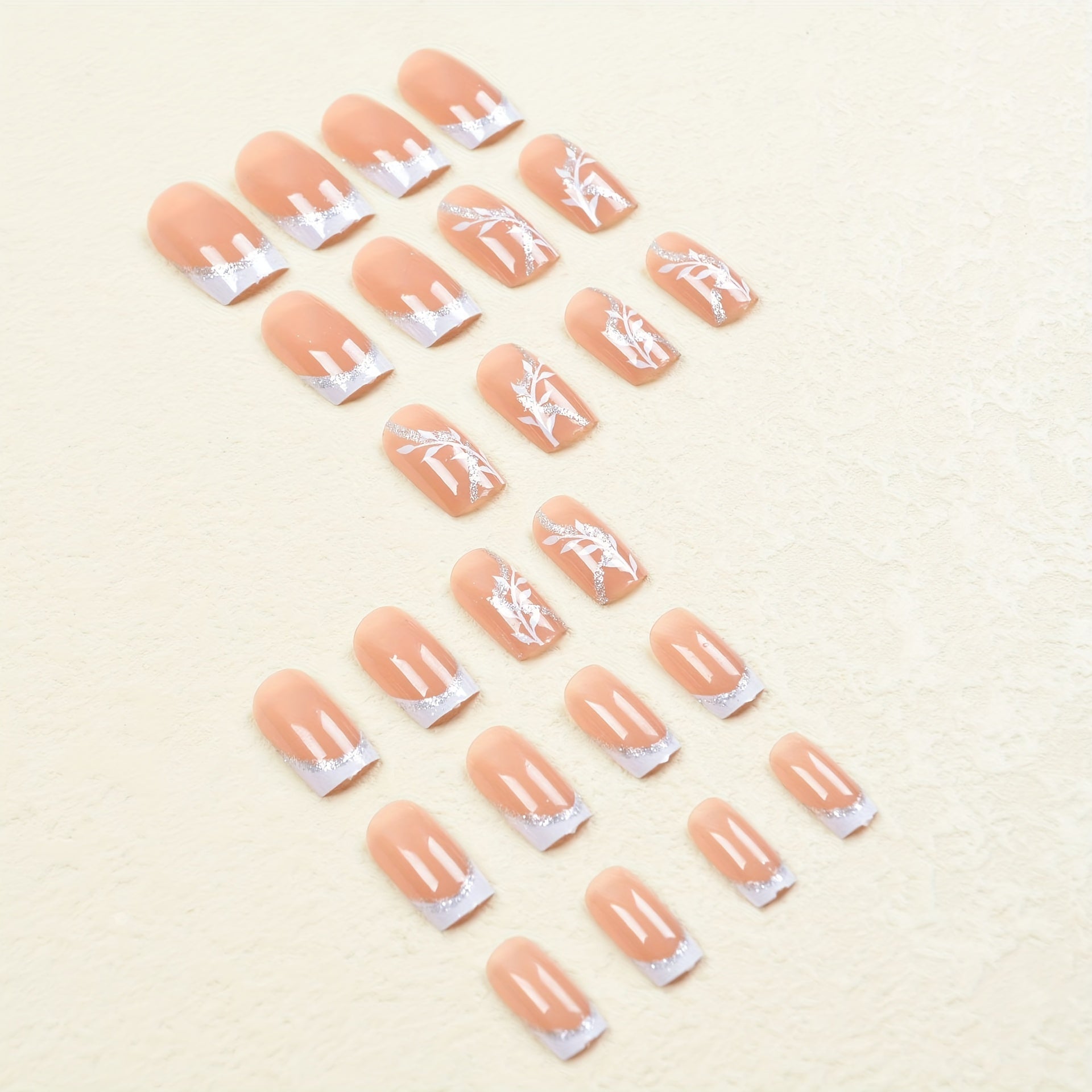 24pcs French Tip Press On Nails Leaves & Glitter Spring Summer Decor