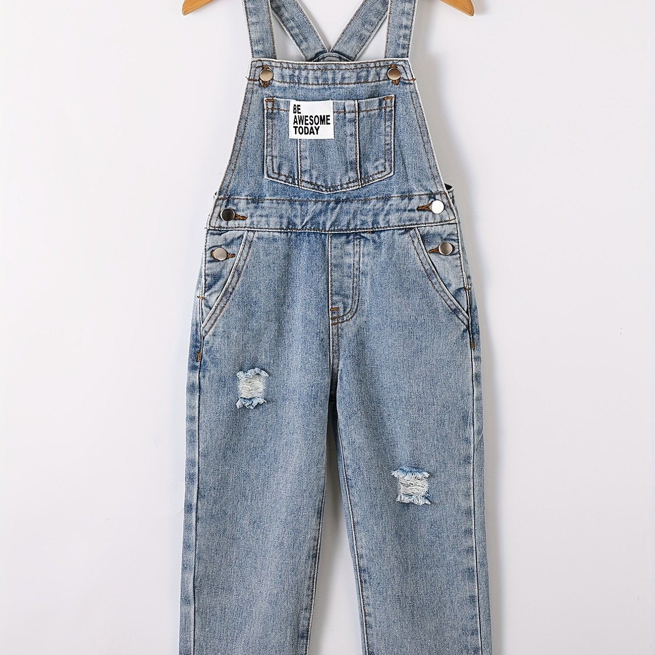 Boys Ripped Letter Print Denim Suspender Pants