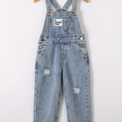 Boys Ripped Letter Print Denim Suspender Pants