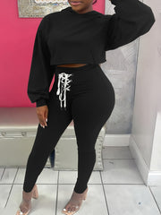 Women's Long Sleeve Hooded Crop Top & Lace Pants Set