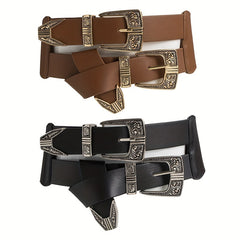 Vintage Double Layer Engraved Buckle Wide Elastic Girdle