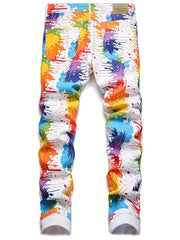 Colorful Splash Pattern Slim Fit Jeans Men's Casual Street Style Denim Pants