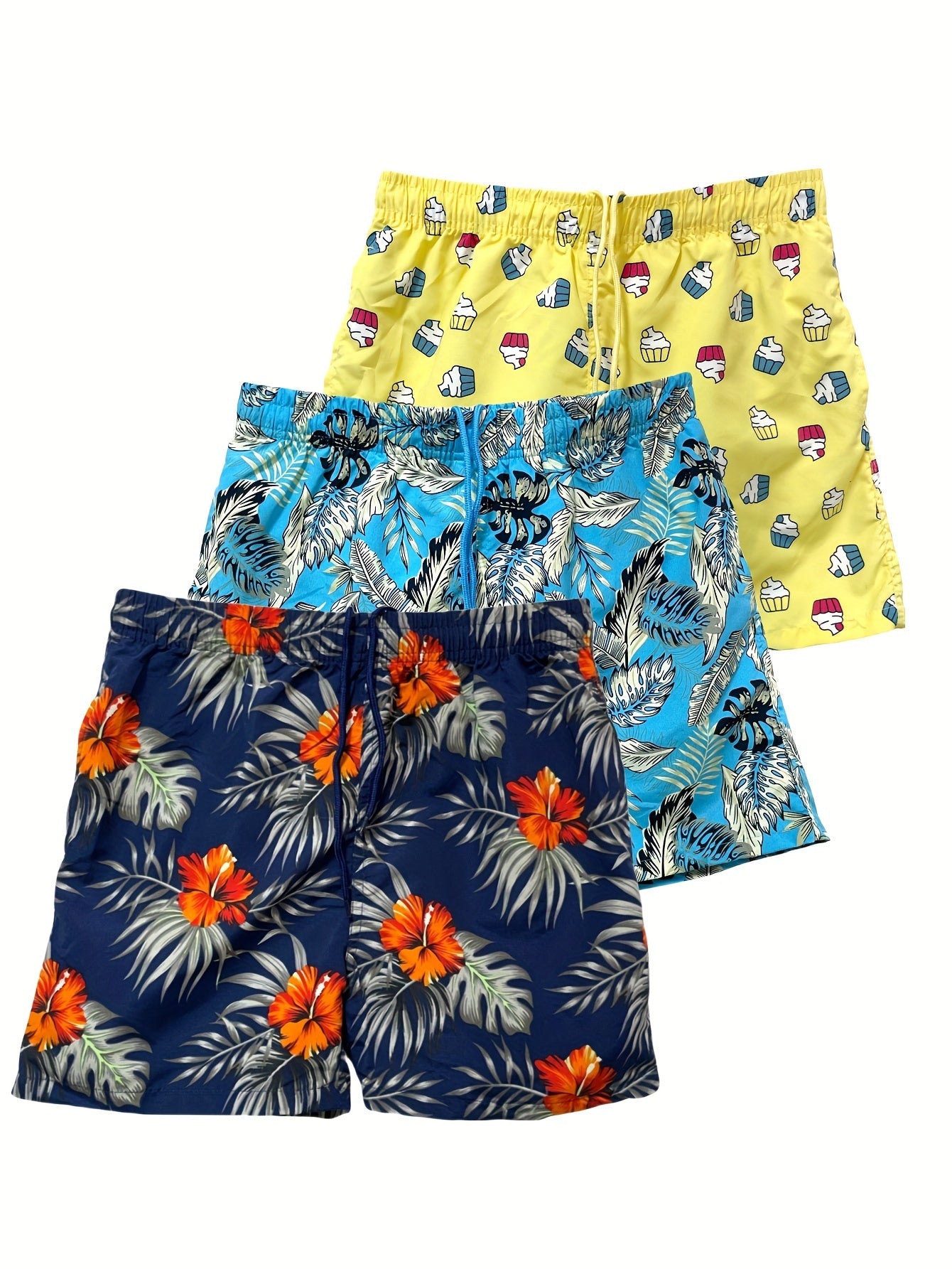 Quick Drying Drawstring Men's Swim Trunks with Inner Mesh, Plants and Cake Print