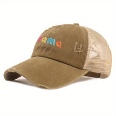 MAMA Embroidery Ponytail Baseball Cap Ripped Washed Distressed Sun Hat