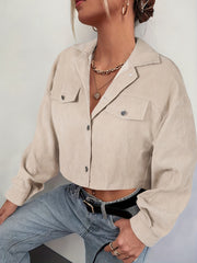 Button Front Flap Pockets Crop Jacket for Women
