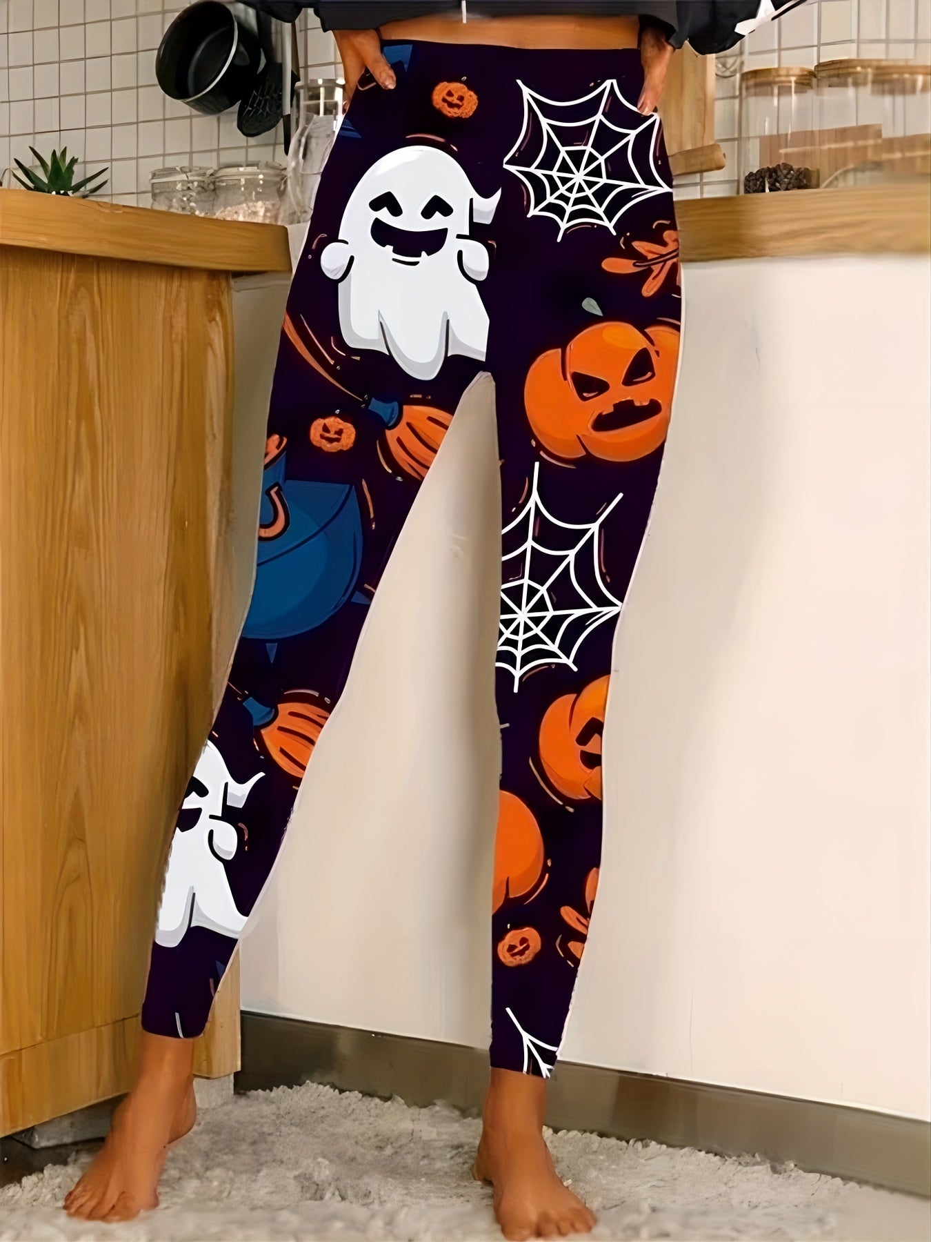 Spider Pumpkin Print Yoga Leggings High Waist Workout Pants
