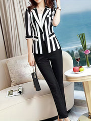 Striped Lapel Blazer Half Sleeve One Button Office Outerwear