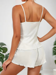 Lace Contrast Pajama Set V Neck Cami Top & Shorts